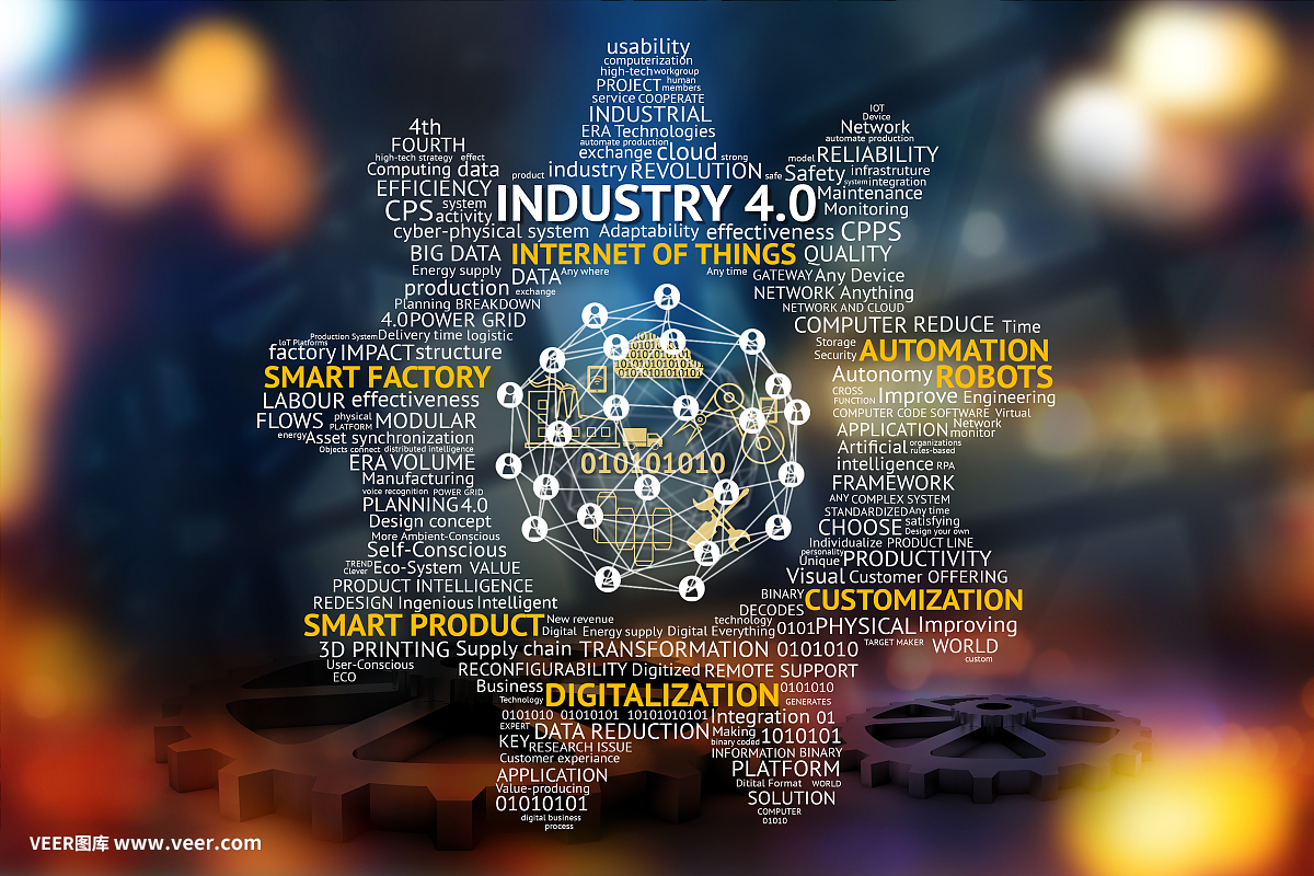 工业4.0网络物理系统概念,齿轮,物联网网络,智能工厂解决方案,制造技术,自动化机器人文本和图标与抽象齿轮背景
